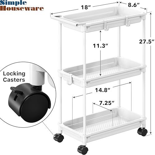 SimpleHouseware Standard 3-Tier Slim Rolling Storage Cart, White - color: White