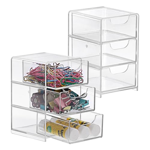 BTSKY 2 Pack Small Acrylic Storage Organizer with Drawers, 3-Layer Clear Desktop Organizer for Office Supplies Mini Storage Box with Drawers for Desk, Desktop Makeup Drawer Jewelry Storage Box