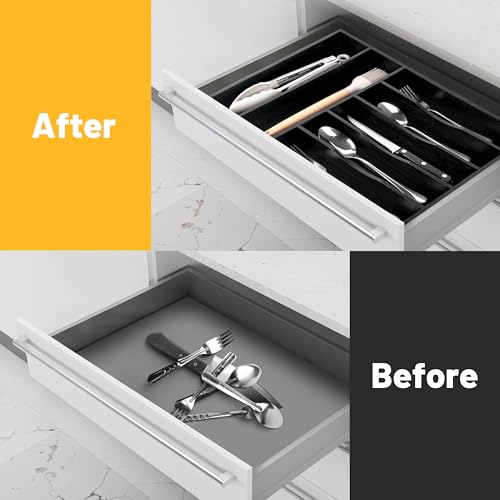 Kitchen Bamboo Silverware Organizer, Kitchen Drawer Organizer - Utensil Holder and Cutlery Tray with Grooved Drawer Dividers for Flatware 7 Slot, Black - color: Black, size: 7 Slots