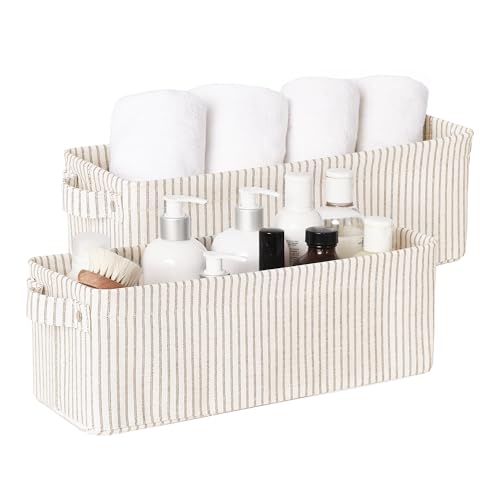 StorageWorks Narrow Storage Bins, Small Basket for Closet and Shelves, Fabric Organizer with Handles, Toilet Paper Storage, Khaki and Beige Stripes, 2-Pack - color: Khaki and Beige Stripes, size: 15"L x 6"W x 5"H