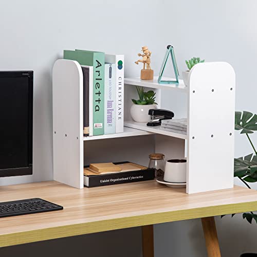 VERGOODR Desktop Adjustable Natural Wood Book Shelf Organizer Office Storage Rack Display Stand Caddy Set Expandable Desk Organizer (White) - color: White