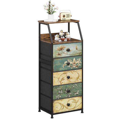 Tohomeor Nightstand with Fabric Drawers Dresser with 2 Tier Shelf Storage Tower for Bedroom Hallway Entryway Closet Organizer Sofa Beside Table Furniture (Multi, 5 Drawers) - size: 15.7"D x 11.8"W x 39"H (5 Drawers)