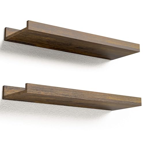 Boswillon Floating Shelves for Wall, Wall Mounted Shelves Set of 2, Rustic Shelves with Lip, Display Picture Ledge Shelf for Wall Decor Living Room Bathroom Kitchen - Brown - color: Brown, size: 15.7 In