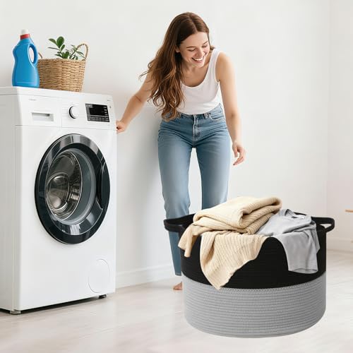 90L Extra Large Blanket Basket,Woven Laundry Basket Hamper with Handles, Decorative Nursery Basket Storage Bin for Toys, Clothes Organizer, Living Room, Bedroom, Bathroom, Black&Light Grey - color: Black&Light Grey, size: 21.7"L x 21.7"W x 13.8"H（90L)