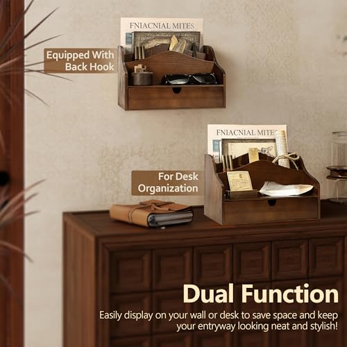 Pine Wood Mail Organizer for Desk - Rustic Mail Sorter with Drawer & Dividers - 4-Slot Mail Sorter for Letters, Files & Small Essentials - Wooden Desk Organizer for Farmhouse Home Decor (Brown) - color: A-Brown