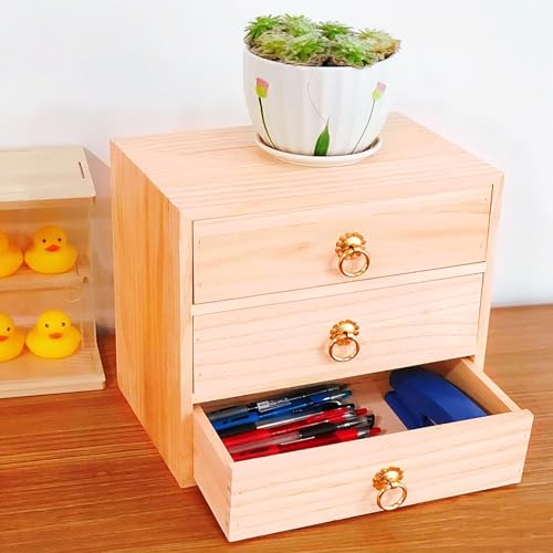 3 Layer Natural Wooden Storage Box with Drawers Desk Organizer Desk Accessories 3 Drawer Storage Organizer Wood Tabletop Organizer with Metal Handle for Home Office Counter Craft Decor - style: 3 Layer