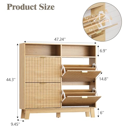 HUANLEGO Shoe Cabinet Storage for Entryway with 4 Flip Drawers, Fluted Narrow Shoe Organizer with Wooden Legs & Top Cubby, Freestanding Slim Shoe Storage Hidden Shoe Rack for Front Door Entrance, Oak - color: Oak, size: 4 Drawer with Cubby
