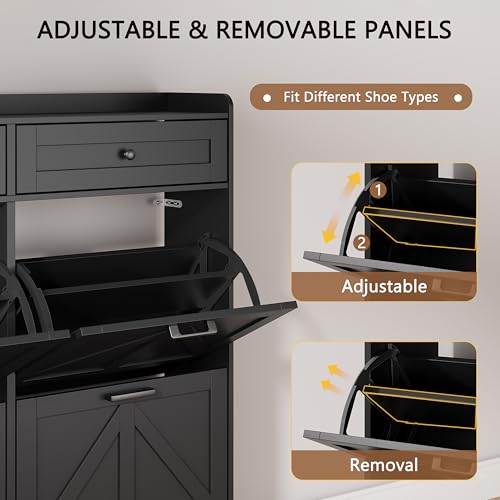 Shoe Cabinet with 6 Flip Drawers & 2 Top Drawers, 57" Tall Freestanding Narrow Wooden Shoe Storage Organizer for Entryway, Hidden Slim Shoe Rack for Front Door Entrance, Hallway, Living Room, Black - color: Black, size: 6 Flip Drawers