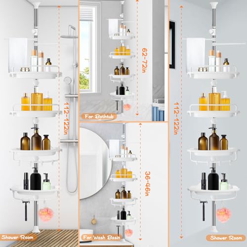 Upgrade Sturdy Shower Caddy Tension Pole Corner Shower Caddy Bathroom Organizer 18/8 Stainless Steel Rustproof 4 Tier Adjustable Shelves for Bathtub Shampoo Accessories Storage Rack 32-122inch - color: White