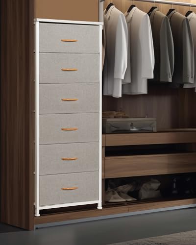 Mifuro Tall Dresser for Bedroom with 6 Drawers, Vertical Storage Organizer Tower, Chest of Drawers with Fabric Bins, Steel Frame, Wood Top for Bedroom, Closet, Entryway- Light Grey - color: Light Grey, size: 6 Medium Drawers
