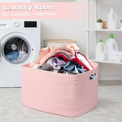 75L Large Woven Storage Basket, Pink Cotton Rope Laundry Hamper with Handles, 22”x17”x12” Rectangle Blanket Basket for Toys, Clothes, Pillows, Nursery and Living Room,Shelf Basket - color: Soft Pink