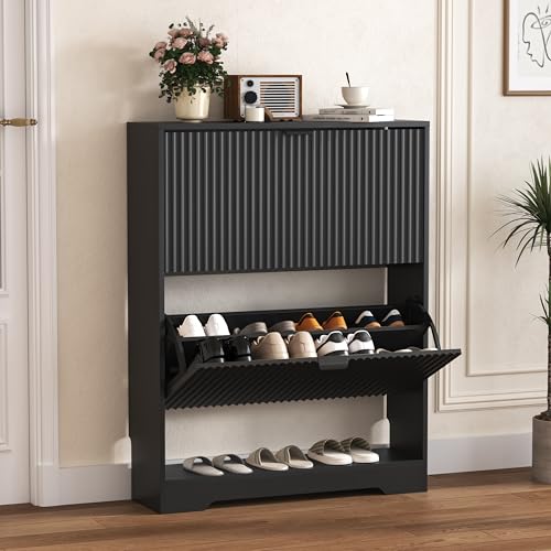 HUANLEGO Shoe Cabinet Storage for Entryway with 2 Flip Drawers, Black Fluted Shoe Cabinet with Open Storage, Wooden Hidden Shoe Rack Freestanding Narrow Slim Shoes Organizer for Hallway, Entrance - color: Black, size: 2 Drawer