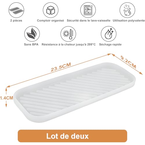 Silicone Organizer Tray, Soap and Sponge Holder for Kitchen Sink, Bathroom - Storage Tray for Dish Brush, Soap Dispenser, Dishwashing Accessories- 2 Pack (Clear) - color: Clear, size: 9.2 x 3.6 x 0.5 inches
