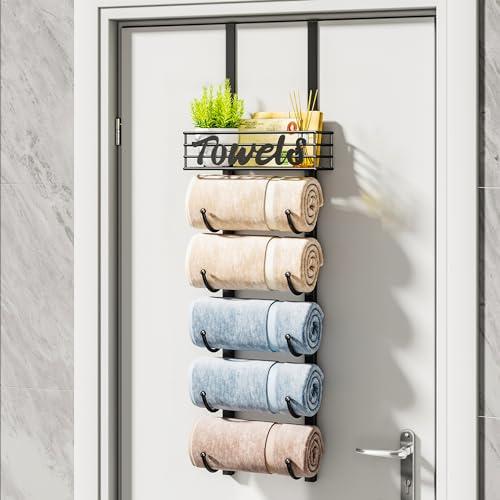 HapiRm Towel Racks for Bathroom Storage - 6 Tier Over The Door & Wall Mount Rolled Towel Storage Organizer Holder with Metal Shelf Basket for Small Bathroom, Camper, Rv - Black, Patented - color: Black, size: 6-Tier