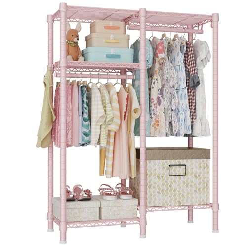 Ulif F1 Clothes Rack for Kids, Baby, Students, and Children's Room, 4 Tiers Portable Metal Closet Clothing Rack, Small Garment Rack with 2 Hanging Rod, 31.2" W x 11.8" D x 48" H, Pink - color: Pink