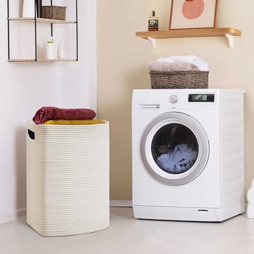 MEGASKET Large Laundry Hamper 16"x13"x22" - Tall Woven Laundry Basket, Cotton Rope Dirty Clothes Hamper, Baby Kids Nursery Wicker Laundry Basket, Bedroom Aesthetic, Soft Laundry Bin, White Hamper, 75L - color: White