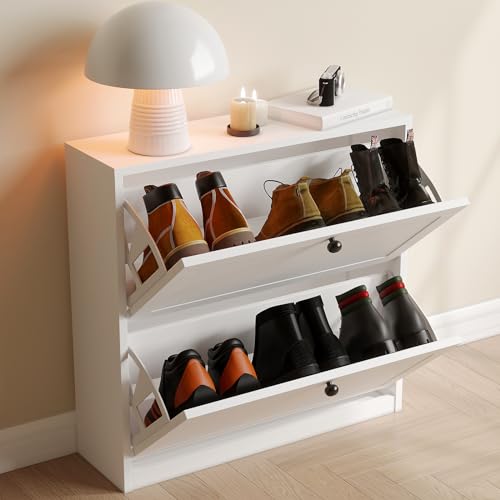 VOWNER Shoe Cabinet with 2 Flip Drawers, Freestanding Shoe Storage Cabinet with Adjustable Shelf & Anti-Tipping Device, Shoe Rack for Entryway, Hallway, Living Room (White) - color: White