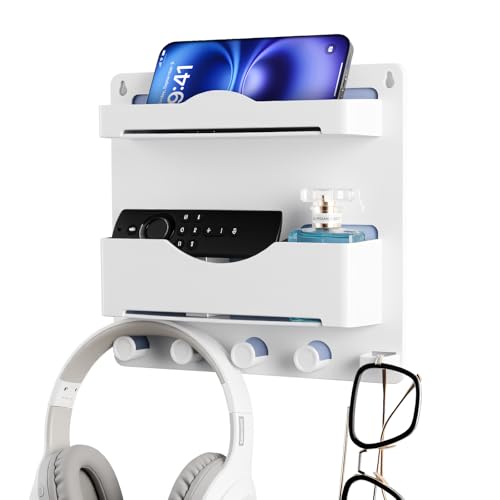 Bedside Wall Shelf with Glasses Hooks ，Adhesive Bedside Organizer Wall Mount for Dorm and Room Accessories Phone，Remote，Earphone， Kindle (White) - color: White