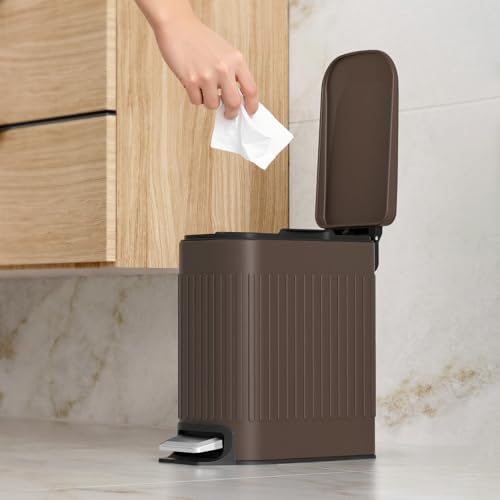 TrashAid Slim Bathroom Trash Can with Lid Soft Close, 6 Liter/1.6 Gallon Stainless Steel Small Garbage Can with Removable Inner Bucket, Step Pedal, Slim Wastebasket for Toilet, Office, Bedroom, Brown - color: Brown