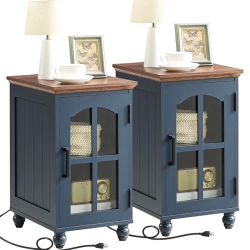 Narrow Side Table Set of 2,Farmhouse Nightstand with Charging Station,End Table with Glass Barn Door Storage, Cabinet Organizer with Adjustable Shelf, Night Stand for Small Spaces Living Room Bedroom - color: Blue, size: Set 2