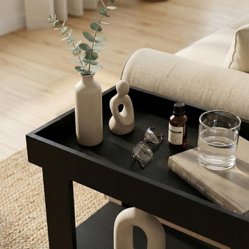 Narrow Side Table Black, 3-Tier Side Table, Rustic Farmhouse Narrow End Table with Storage, Slim Table Nightstand for Small Spaces, Bedroom or Living Room (Black) - color: Black