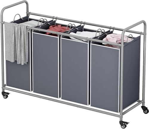 Laundry Basket, 4-Bag Laundry Hamper, Grey Laundry Sorter with Heavy Duty Lockable Rolling Wheels, Laundry Room Organization with Removable Bags Basket Separator for Dirty Clothes Storage - size: 4 Bags Grey