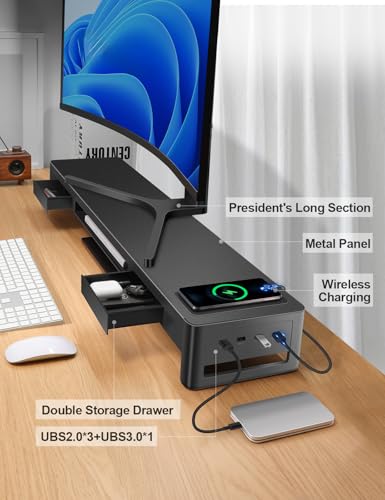 meatanty Dual Monitor Stand Riser with 2 Drawers,4 USB Ports and Charging Pad,Metal Monitor Stand for 2 Monitors Supports Transfer Data and Charging,Desk Organizer for PC,iMac(38.7 inches) - size: Extra-Large, style: Wireless Charger Version