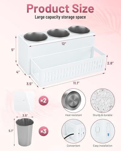 Hair Tool Organizer, Detachable Hair Dryer Holder with 3 Stainless Steel Cups, Wall Mounted Bathroom Organizers and Storage for Accessories, Curling Irons, Straighteners, Toiletries, Makeup - color: White