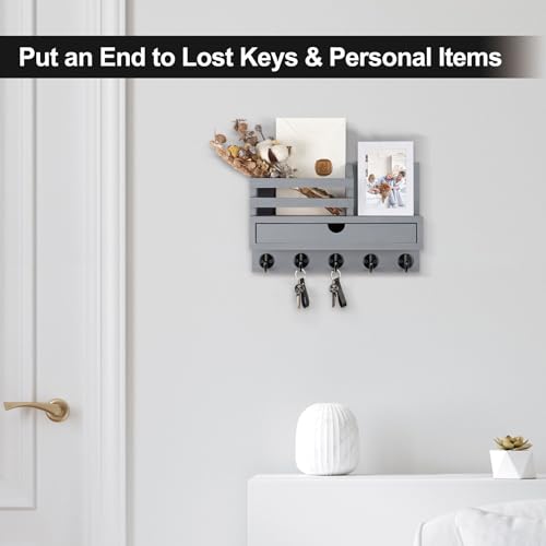 Key Holder Wall Mount, Mail Holder with Storage Drawer and 5 Key Hooks for Coat, Dog Leash, Home Decor Rack, House Accessories, Entry Way Organizer (Gray) - color: Gray, size: Standard - 11.8 Inch