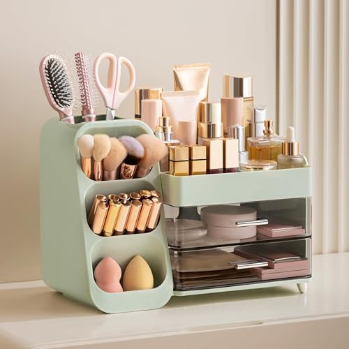HBlife Makeup Organizer with Brush Holder for Vanity, Large Plastic Bathroom Countertop Organizer Skin Care Storage, Easy to Store Lipsticks, Nail Polishes, Perfumes, Eyeshadow Palettes, Green - color: Green, size: Large