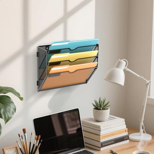 SUPEASY 3 Tier Wall File Organizer, Hanging Wall Mounted Mail Organizer with Label Slots, Metal Mesh File Holder Magazine Rack for Office, Home, School or Classroom, Black - color: Black, size: 3-Tier