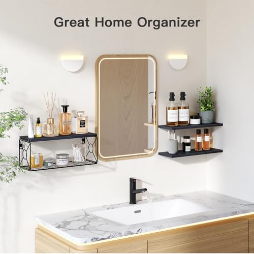 Amada Bathroom Shelves Over Toilet with Storage Basket, Floating Wall Shelf for Home Organization & Wall Decor, Bathroom/Kitchen/Living Room Shelves–Black - color: Black