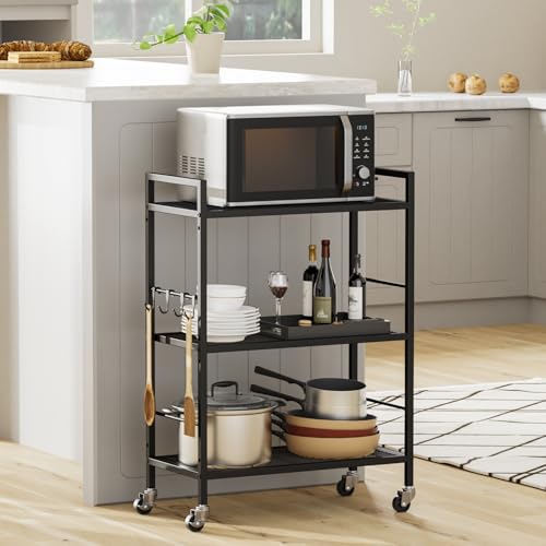 3-Tier Metal Storage Rack with Industrial Wheels,Mesh Shelving Unit with Wooden Table top,Adjustable Shelf,23.6-Inch Width,for Kitchen,Laundry,Pantry,Plant,Black panel and black frame - color: Black Panel, size: 3 Tier (23.6"W x 11.8"D)