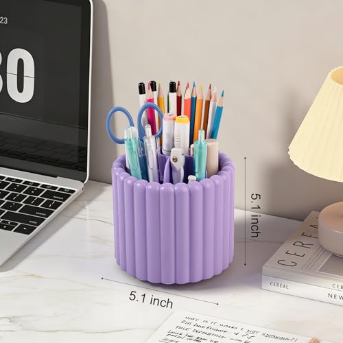 Anyoifax 360° Rotating Pen Holder 7 Slots Desk Organizer Removable Pencil Cup Plastic Art Supplies and Accessories Desktop Storage Box Caddy for Office, School, Home (Purple) - style: Stripe Purple