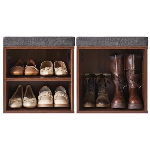 YMYNY Small Shoe Storage Bench with Cushion, 2 Tier Entryway Bench with Shoe Storage, Shoe Rack Bench for Entryway, Living Room, Hallway, Closet, Bedroom, 15.4L*11W*16.54H, Light Walnut HBD028LW - color: Light Walnut