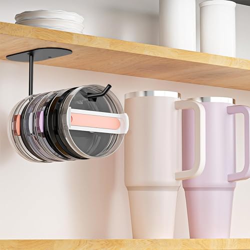 4 Pack Tumbler Lid Organizer, Space Saving Cup Lid Organizer for Yeti/Stanley/Simple Modern Tumbler Lids, Self-Adhesive or Drilling Tumbler Lid Hook for Kitchen Organizers and Storage - color: Black*4