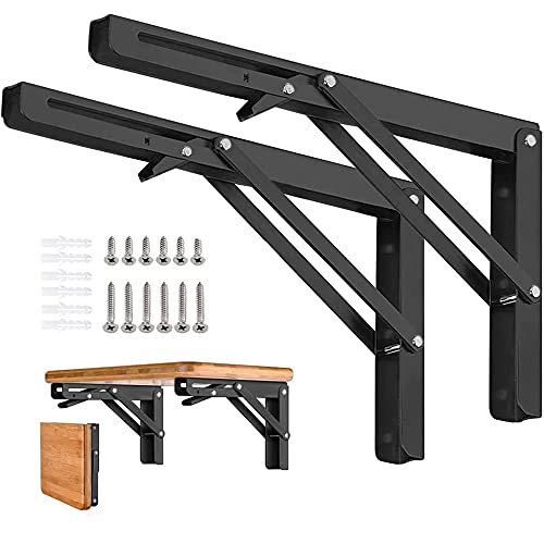Folding Shelf Brackets - 18 Inch 2 Pcs DIY Wall Mounted Shelf Brackets for Garage Workstation, Stuff Supports, Plant Stand - Heavy Duty Metal Collapsible Floating Shelf Bracket Black - size: 18 Inch- 2 Packs