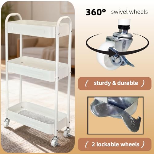 3 Tier Narrow Rolling Storage Cart for Laundry Room Bathroom Kitchen, 7.1'' Slim Utility Cart with Wheels and Lockable Casters Standing Shelf for Small Space & Between Washer and Dryer, White - color: White, size: 3 tier