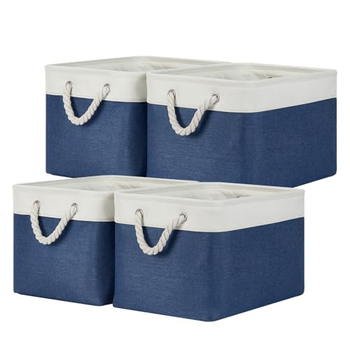 Temary Fabric Storage Baskets 4Pack Storage Bins Decorative Basket for Gift, Clothes Bin with Rope Handle, Rectangle Baskets for Storage, Blankets(White&Blue,15x11x9.5 inch) - color: White&blue, size: 15"L x 11"W x 9.5"H