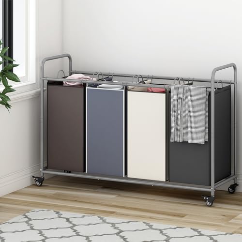 Laundry Sorter 4 Section Hamper Sorter with Heavy Duty Lockable Rolling Wheels Removable Bags Basket Separator for Dirty Clothes Storage, Assorted - size: 4 Bags Assorted
