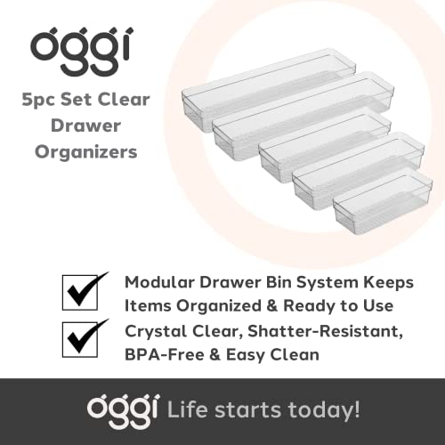 Oggi Set of 5 Clear Drawer Organizers - (1) 3x6.25, (2) 3x9.5, (2) 3x12.5 - Ideal for Organizing Kitchen Drawers, Office, Desk, Silverware, Kitchen Utensils, Cosmetics and Bathrooms - size: Set of 5