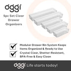 Oggi Set of 5 Clear Drawer Organizers - (1) 3x6.25, (2) 3x9.5, (2) 3x12.5 - Ideal for Organizing Kitchen Drawers, Office, Desk, Silverware, Kitchen Utensils, Cosmetics and Bathrooms - size: Set of 5