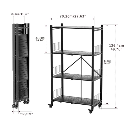 Folding Storage Shelves, 4-Tier Metal Foldable Shelf Shelving Rack Organizer On Rolling Wheels in Kitchen Warehouse Patio Pantry Garage Collapsible Shelves No Assembly (Black, 4-Layer) - color: Black/4-tier
