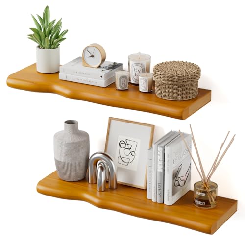 Floating Shelves for Wall Rustic Farmhouse 24 Inch Floating Shelf Wooden Shelves for Wall Mounted Live Edge Pine Shelf with Unique Natural Grain for Living Room Bedroom Kitchen (Honey Walnut) - color: Honey Walnut, size: 24 inch - 2pcs