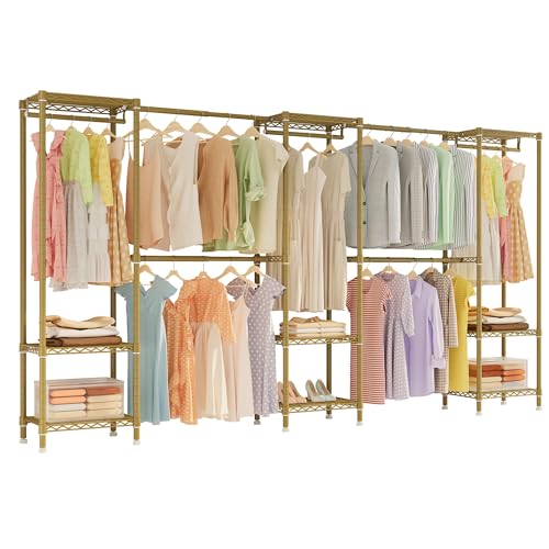 Higeego Large Clothes Rack, Clothing Rack for Hanging Clothes, Heavy Duty Garment Rack, Freestanding Wardrobe Closet with Extendable Hanger Rods, Width from 7.8 to 10.8 ft, H11 Gold - color: Gold, style: 5 Row