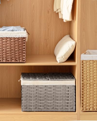 SETVSON Storage Basket with Lid, PE Rattan Woven Storage Baskets with 2 Separate Lids, 17.2 Gallon (65 L), 22.2 x 13 x 13.8 Inches, 2 Removable Liner Bags Handles for Bedroom, Laundry Room Gray - color: Gray, size: 65L-22L*13W*13.8H