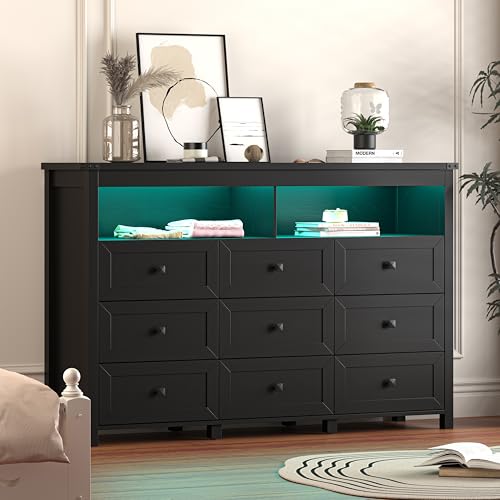 Dresser for Bedroom with 9 Drawers, Wide Modern Chest of Drawers with LED Light and Power Outlet, Wooden Closet Organizer Clothes Storage Cabinet, Double Dressers for Living Room, Hallway, Black - color: Black, size: 15.8"D x 59.1"W x 39.4"H (9 Drawers)