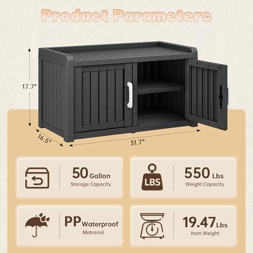 KAMABOKO Outdoor Shoe Storage Cabinet, Waterproof UV-Resistant Entryway Storage Bench Indoor Outdoor with 2 Barn Doors, Adjustable Shelves for Entryway, Bedroom, Hallway,Living Room(Jet Black) - color: Jet Black, size: Double Door