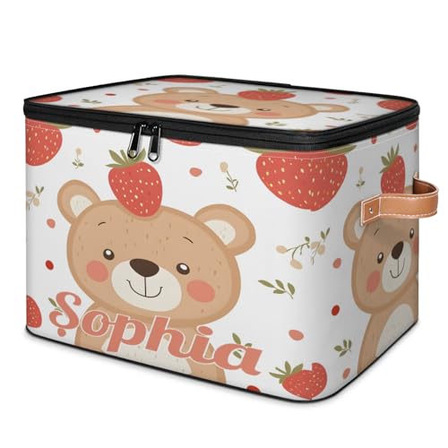 Custom Storage Basket with Name, Personalized Storage Bins with Zipper Lid, Foldable Fabric Storage Box Large capacity with Handle Bear Strawberry - color: Option 15