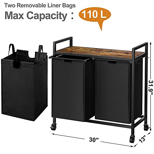 WOWLIVE Double Laundry Hamper with Lid,Rolling Laundry Basket Organizer with Wheels, Iron-Made Laundry Sorter with Top Shelf and 2 Removable Bags,Large Clothes Storage for Room,Black 1 - color: Black, size: 110L (30.0 x 13 x 32 Inches)